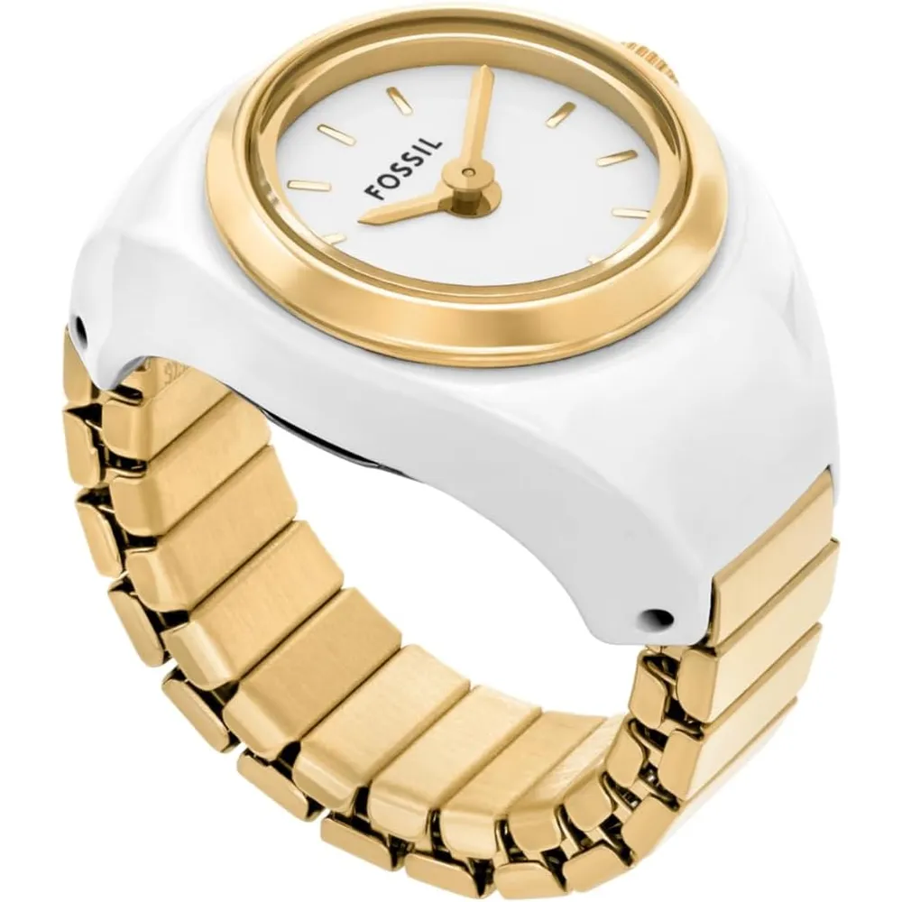 Fossil reloj anillo de cuarzo para mujer, acero inoxidable | Dorado/ Blanco