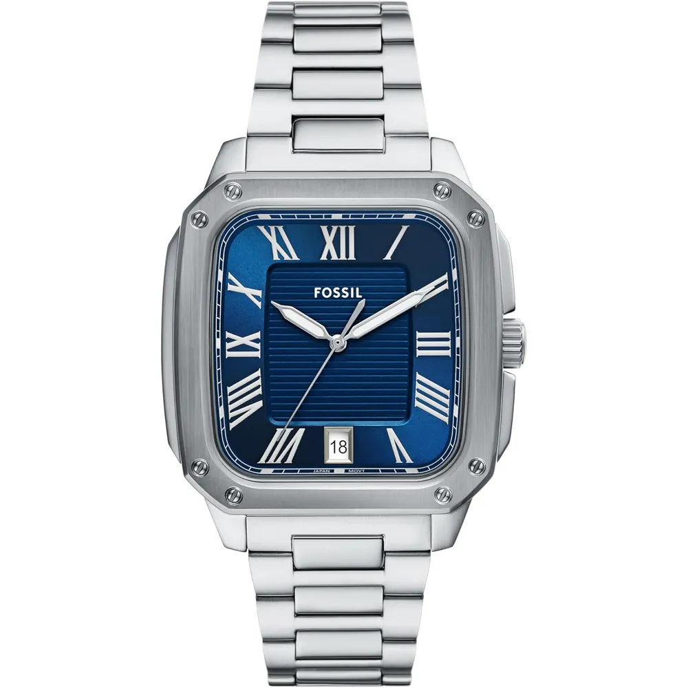 Fossil reloj de cuarzo Crosby para hombre, acero inoxidable | Plateado/ Azul