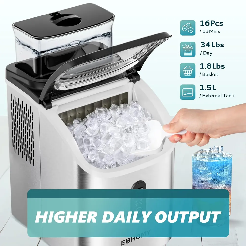 EUHOMY IM005 MÁQUINA DE HIELO CON TANQUE DE AGUA EXTERNO 34 LB/24H | PLATEADO