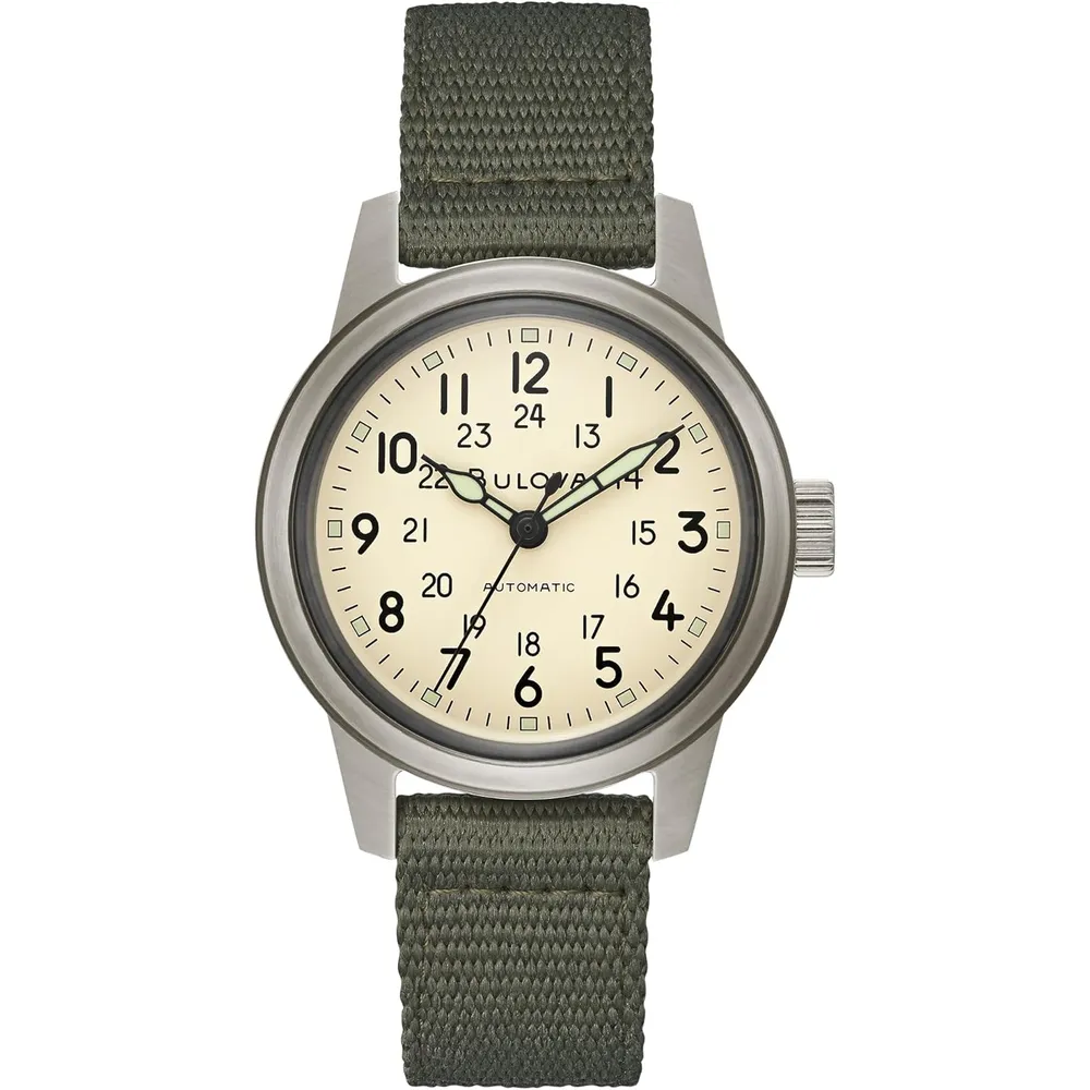 Bulova reloj militar hombre automático 3 agujas función parada correa nailon | Verde