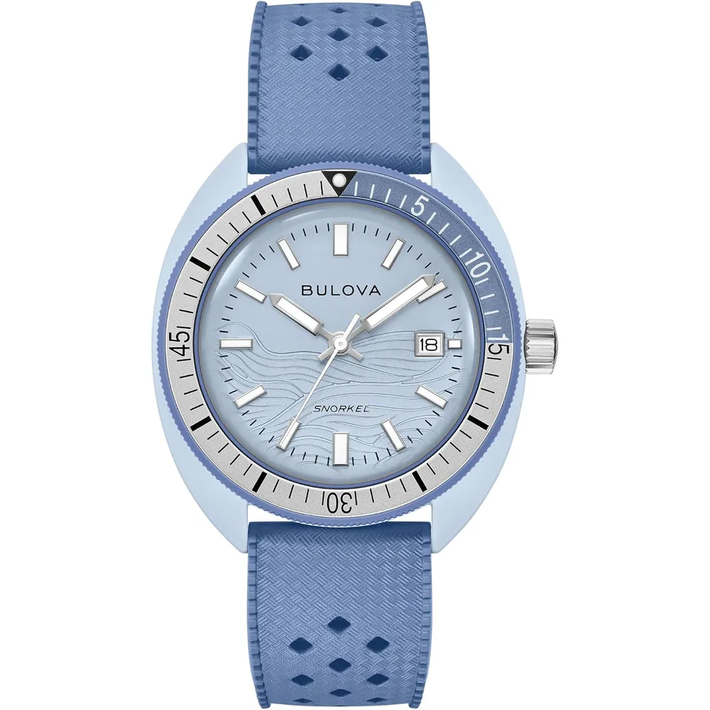 Bulova reloj Oceanographer Snorkel Amazon cuarzo 3 agujas cerámica caucho | Celeste
