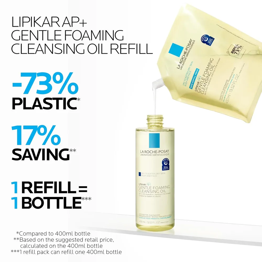 PACK 2 LA ROCHE-POSAY LIPIKAR AP+ ACEITE LIMPIADOR ESPUMOSO 13.5 OZ / 400 ML + REFILL 13.5 OZ / 400 ML