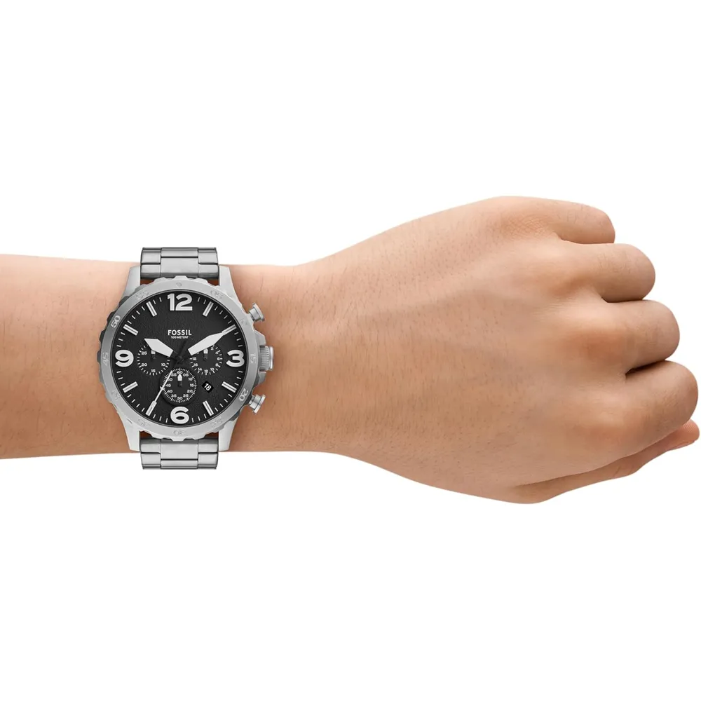 Fossil reloj cronógrafo Nate de cuarzo para hombre, acero inoxidable | Plateado