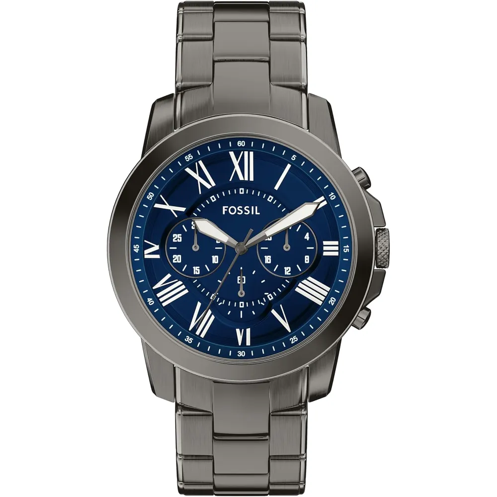 Fossil reloj cronógrafo Grant de cuarzo para hombre, acero y cuero | Gris/ Azul