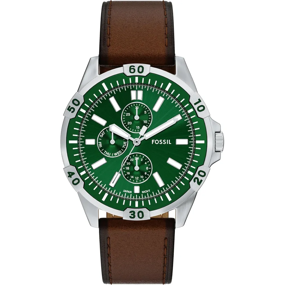 Fossil reloj multifunción Garrett para hombre, acero inoxidable | Marrón/ Verde