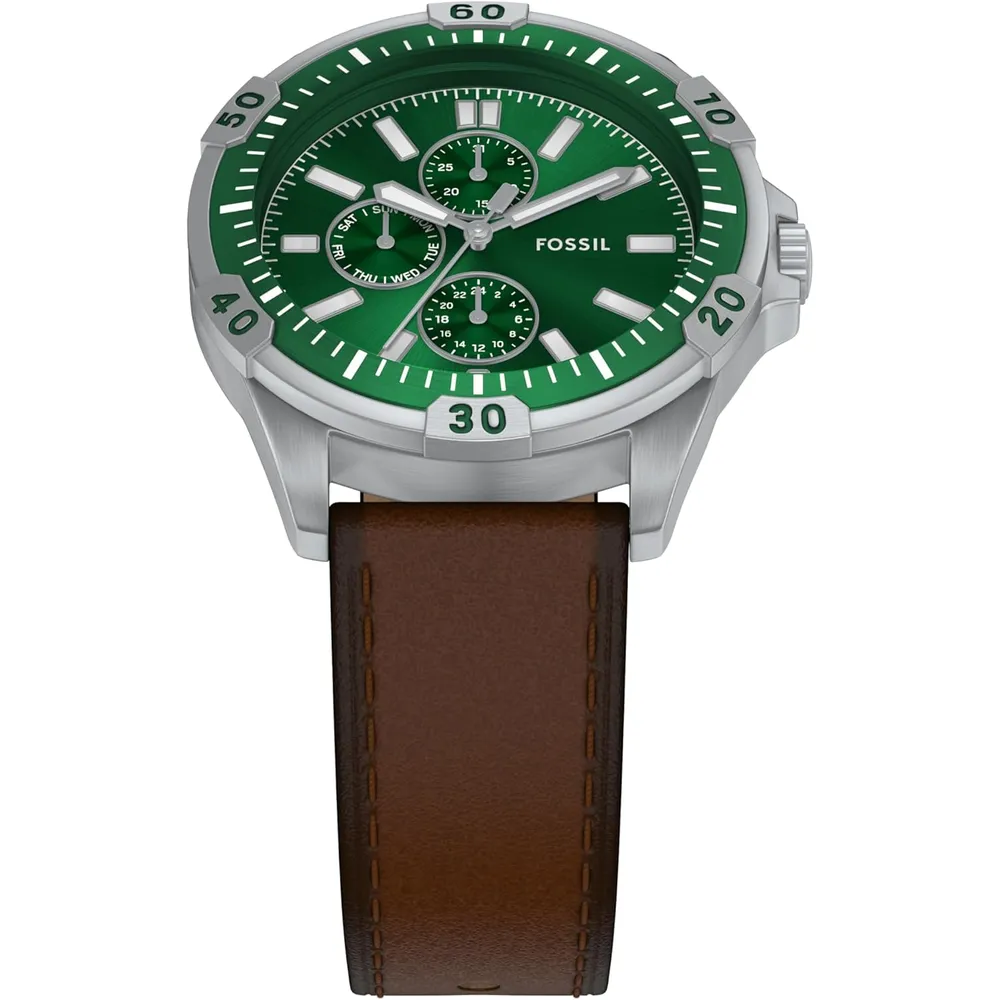 Fossil reloj multifunción Garrett para hombre, acero inoxidable | Marrón/ Verde