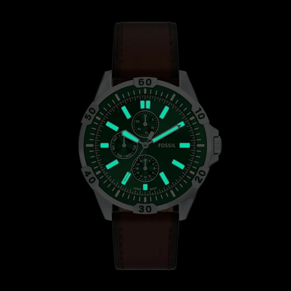 Fossil reloj multifunción Garrett para hombre, acero inoxidable | Marrón/ Verde