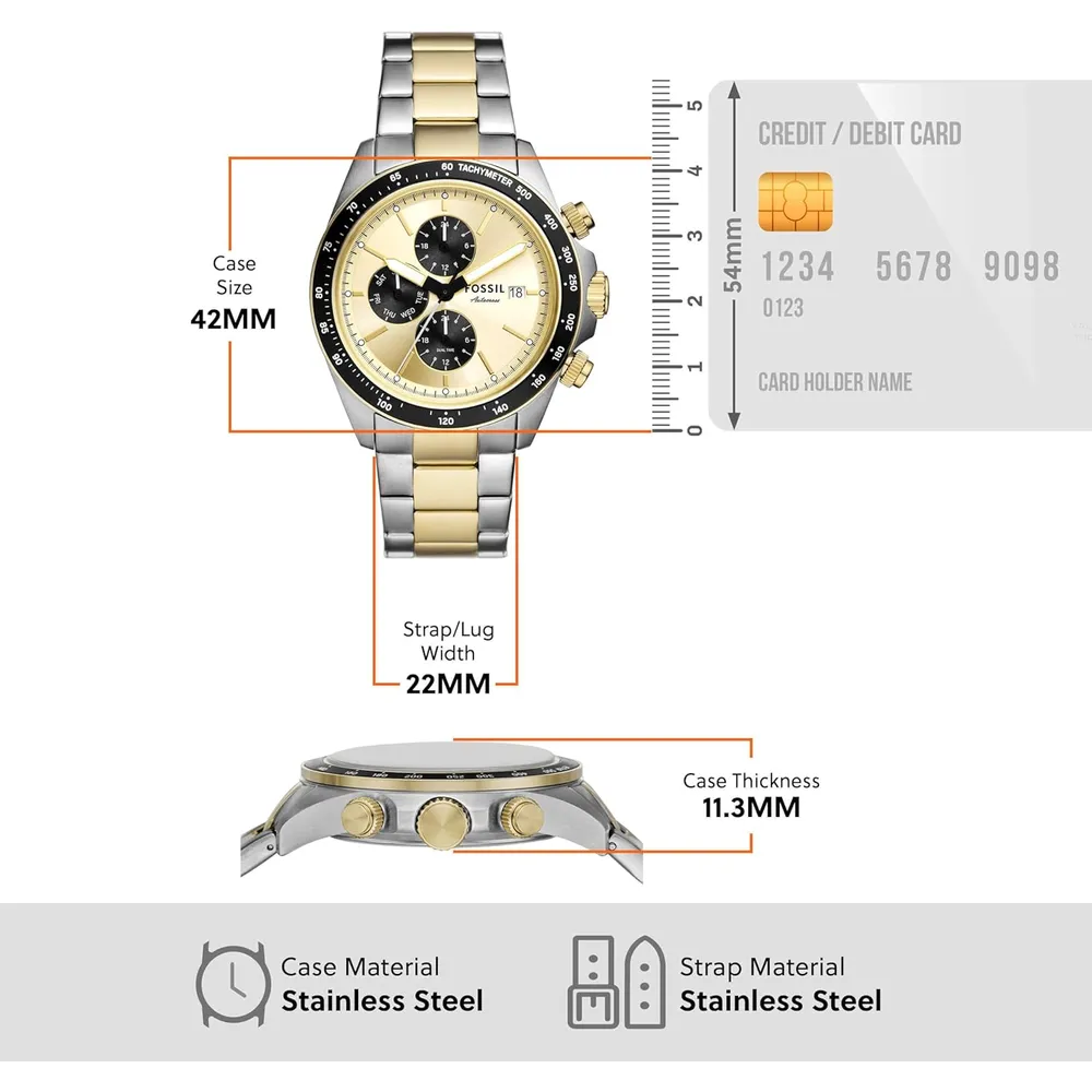 Fossil reloj multifunción para hombre, acero, Autocross | Plateado/ Dorado