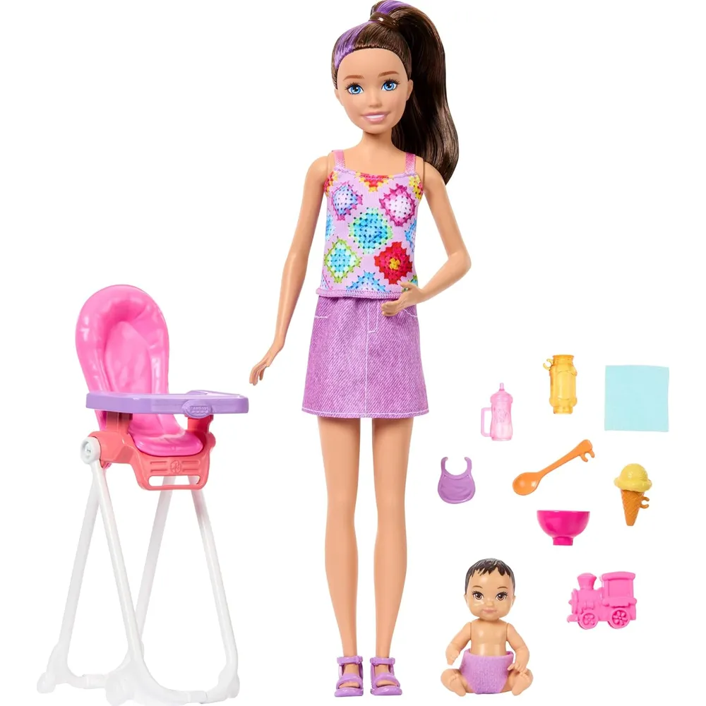 BARBIE SKIPPER BABYSITTERS SET CON NIÑA Y TRONA ACCESORIOS