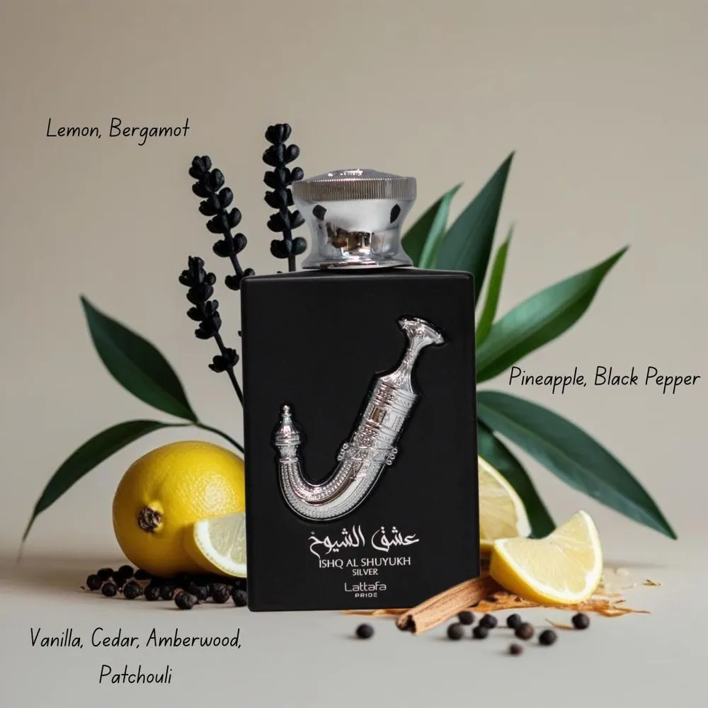 SET DE PERFUME LATTAFA PRIDE ISHQ AL SHUYUKH SILVER EDP 3 PZS HOMBRE