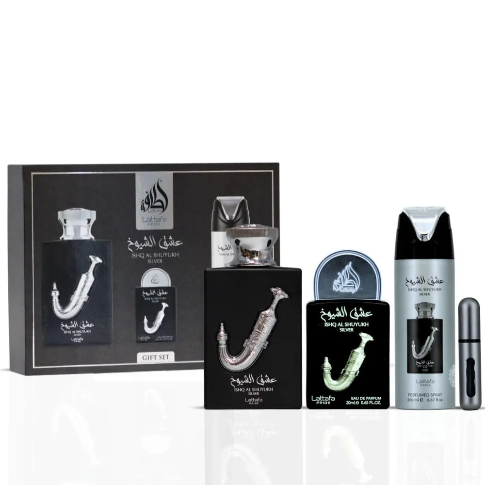 SET DE PERFUME LATTAFA PRIDE ISHQ AL SHUYUKH SILVER EDP 3 PZS HOMBRE