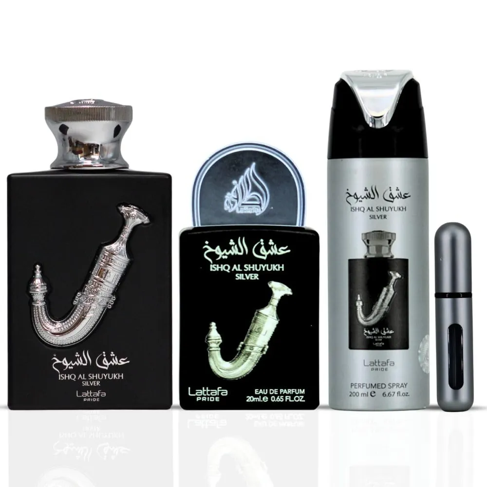 SET DE PERFUME LATTAFA PRIDE ISHQ AL SHUYUKH SILVER EDP 3 PZS HOMBRE