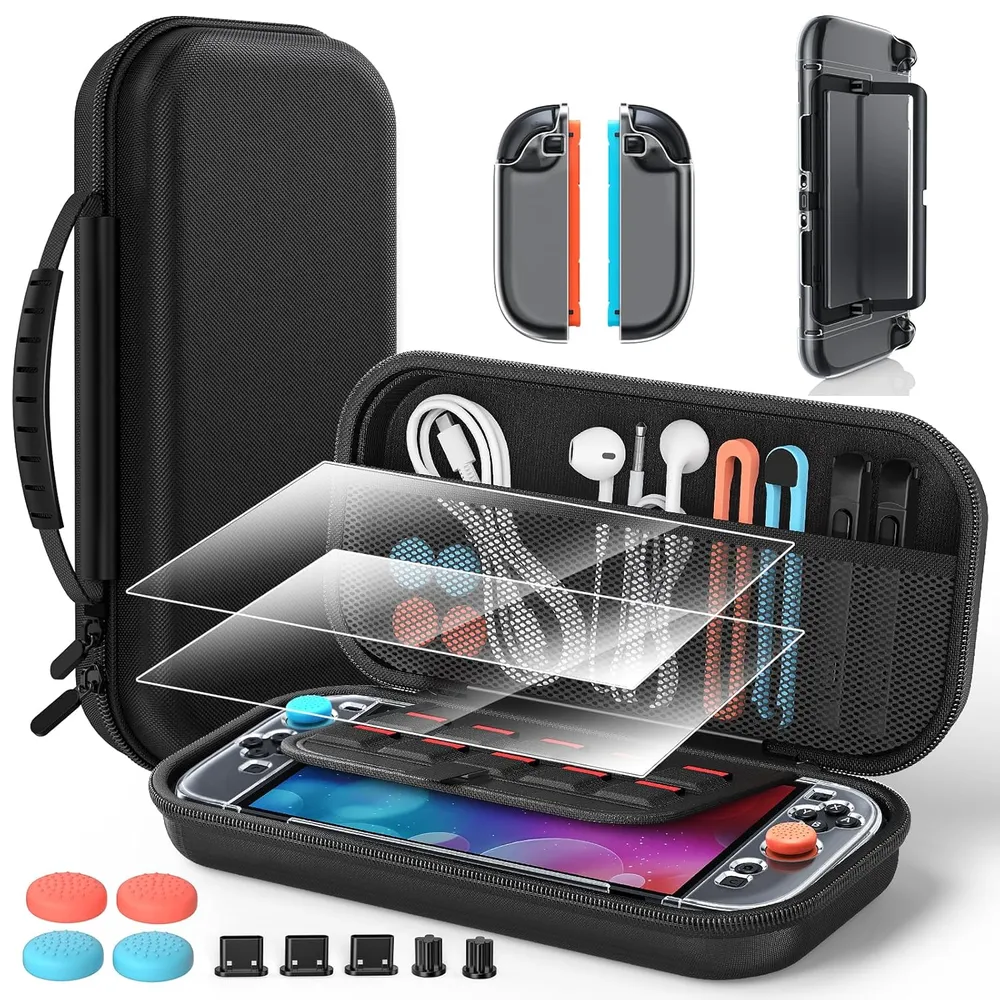 Kit de Accesorios conFunda Slim + 2 Protectores + 4 Agarres de Pulgar Para Nintendo Switch 2 | Negro