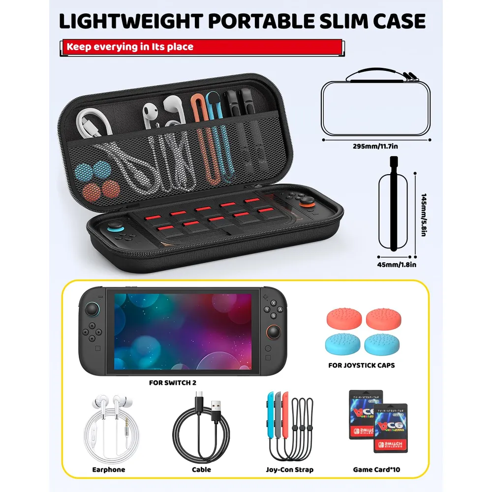 Kit de Accesorios conFunda Slim + 2 Protectores + 4 Agarres de Pulgar Para Nintendo Switch 2 | Negro