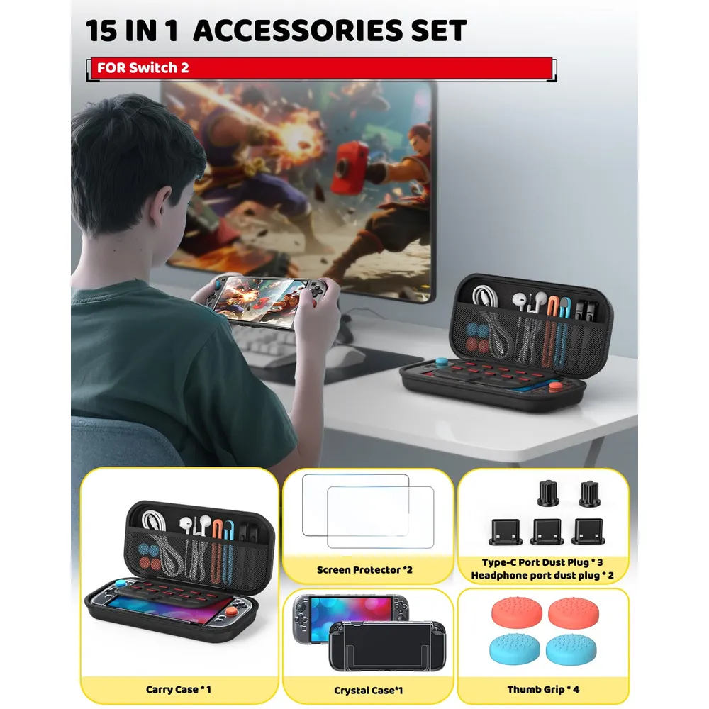 Kit de Accesorios conFunda Slim + 2 Protectores + 4 Agarres de Pulgar Para Nintendo Switch 2 | Negro