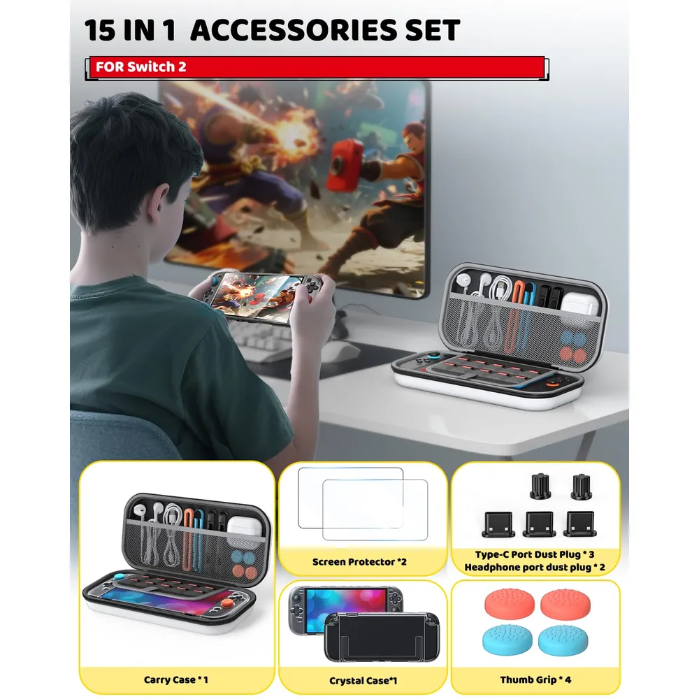 Kit de Accesorios conFunda Slim + 2 Protectores + 4 Agarres de Pulgar Para Nintendo Switch 2 | Blanco