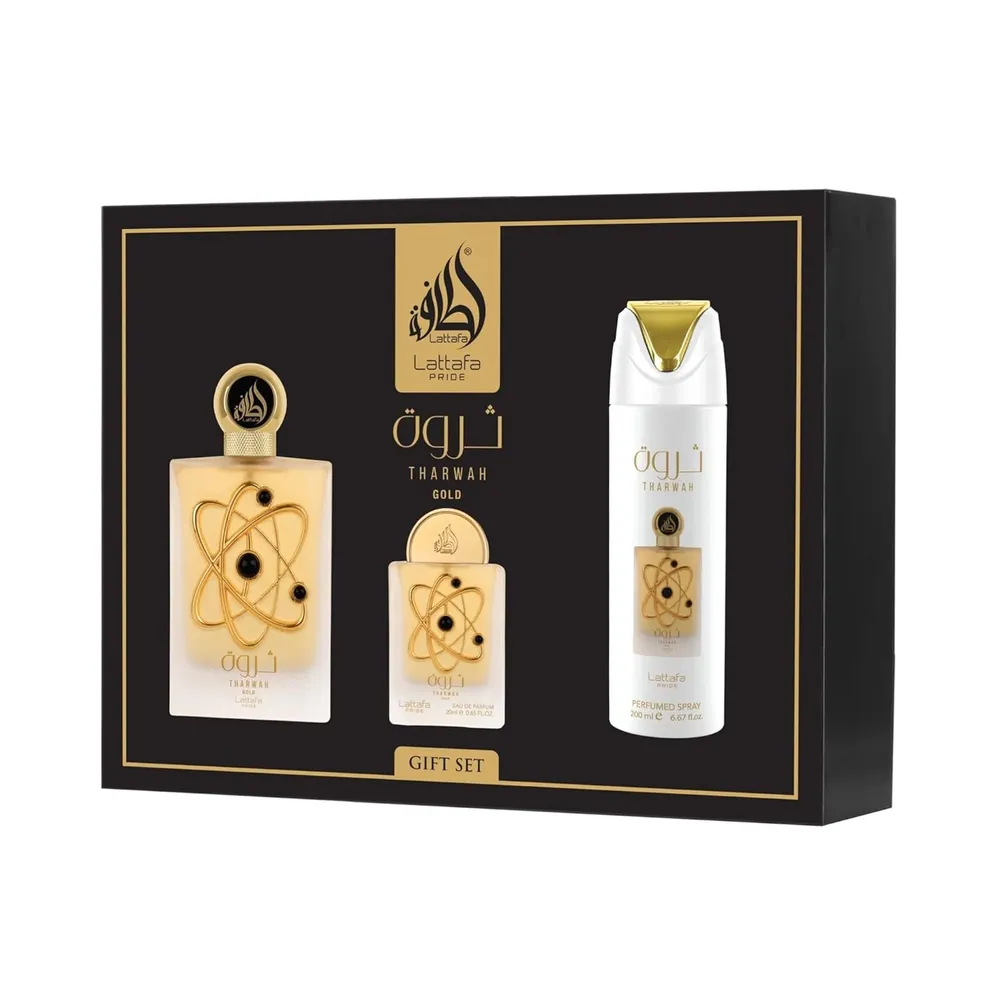 SET DE PERFUME LATTAFA PRIDE THARWAH GOLD EDP 3 PZS UNISEX