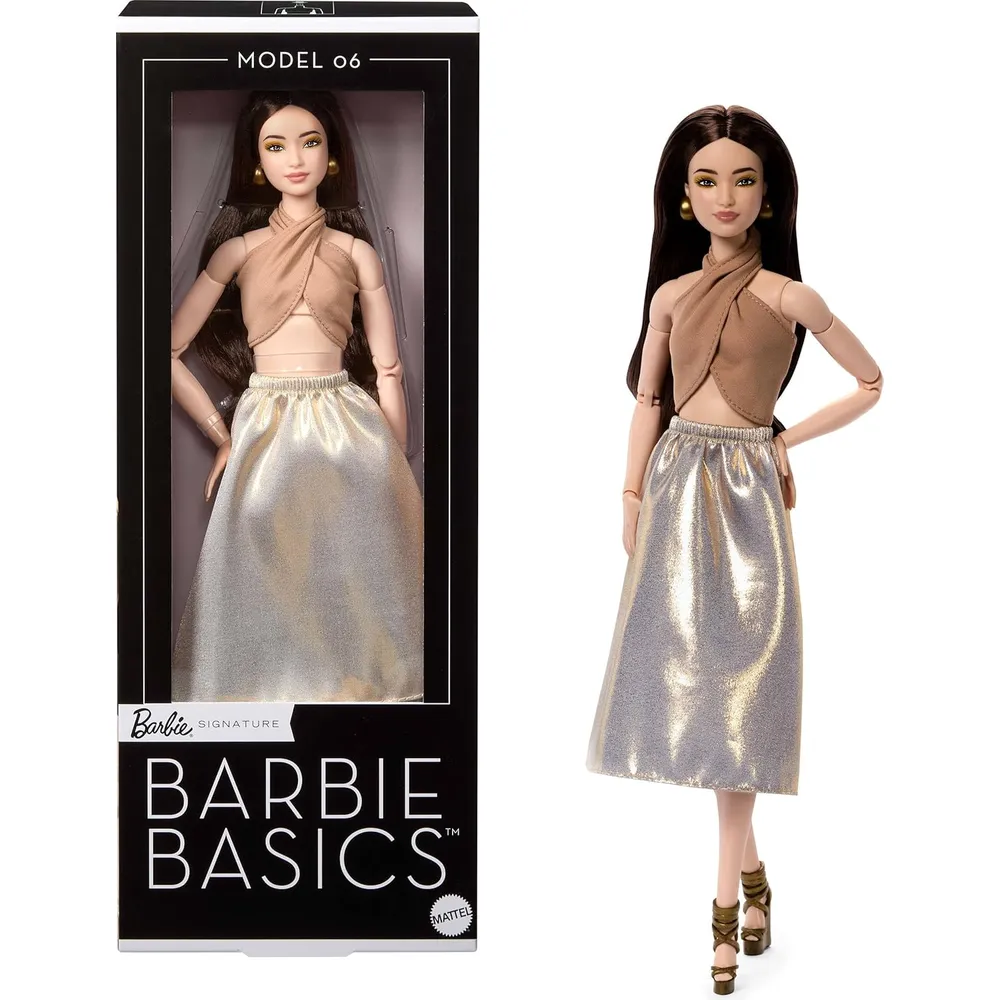 BARBIE BASICS MODELO MUÑECA CABELLO CASTAÑO OUTFIT DORADO