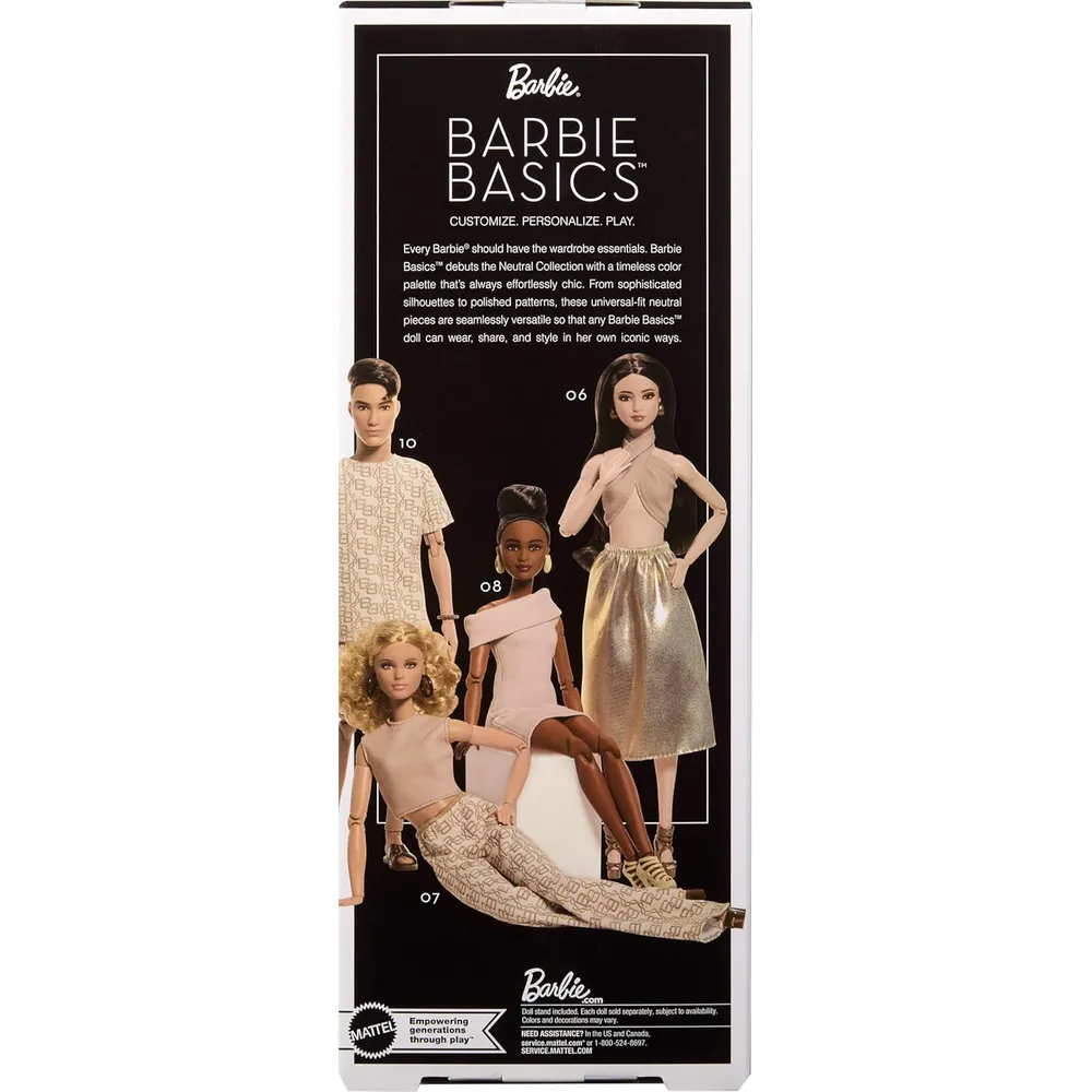 b0fhkk3zhz_5_webp.webp BARBIE BASICS MODELO MUÑECA CABELLO CASTAÑO OUTFIT DORADO