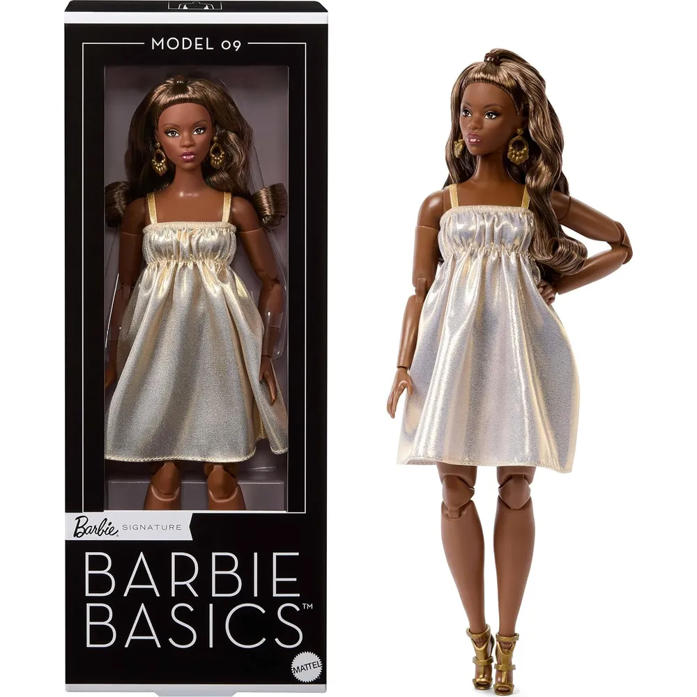 BARBIE BASICS MODELO MUÑECA CABELLO CASTAÑO VESTIDO DORADO