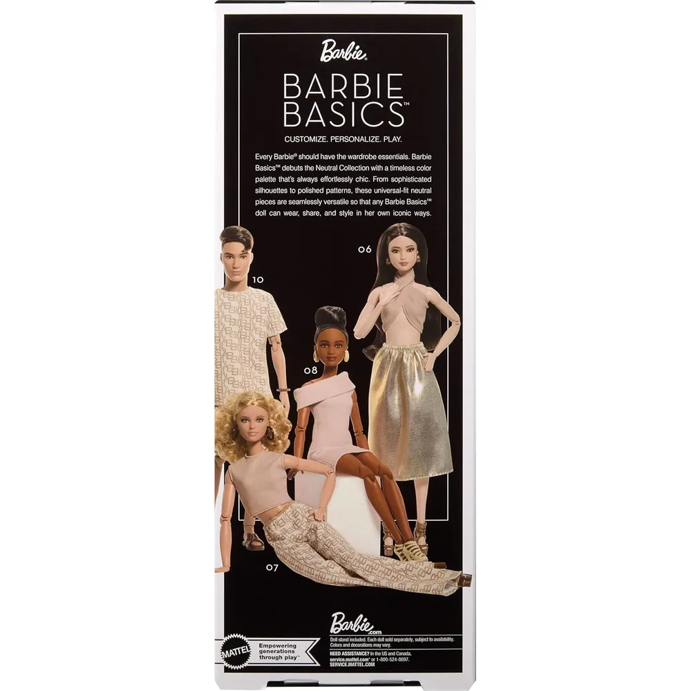 b0fhkk8wkz_5_webp.webp BARBIE BASICS MODELO MUÑECA CABELLO CASTAÑO VESTIDO CANELA