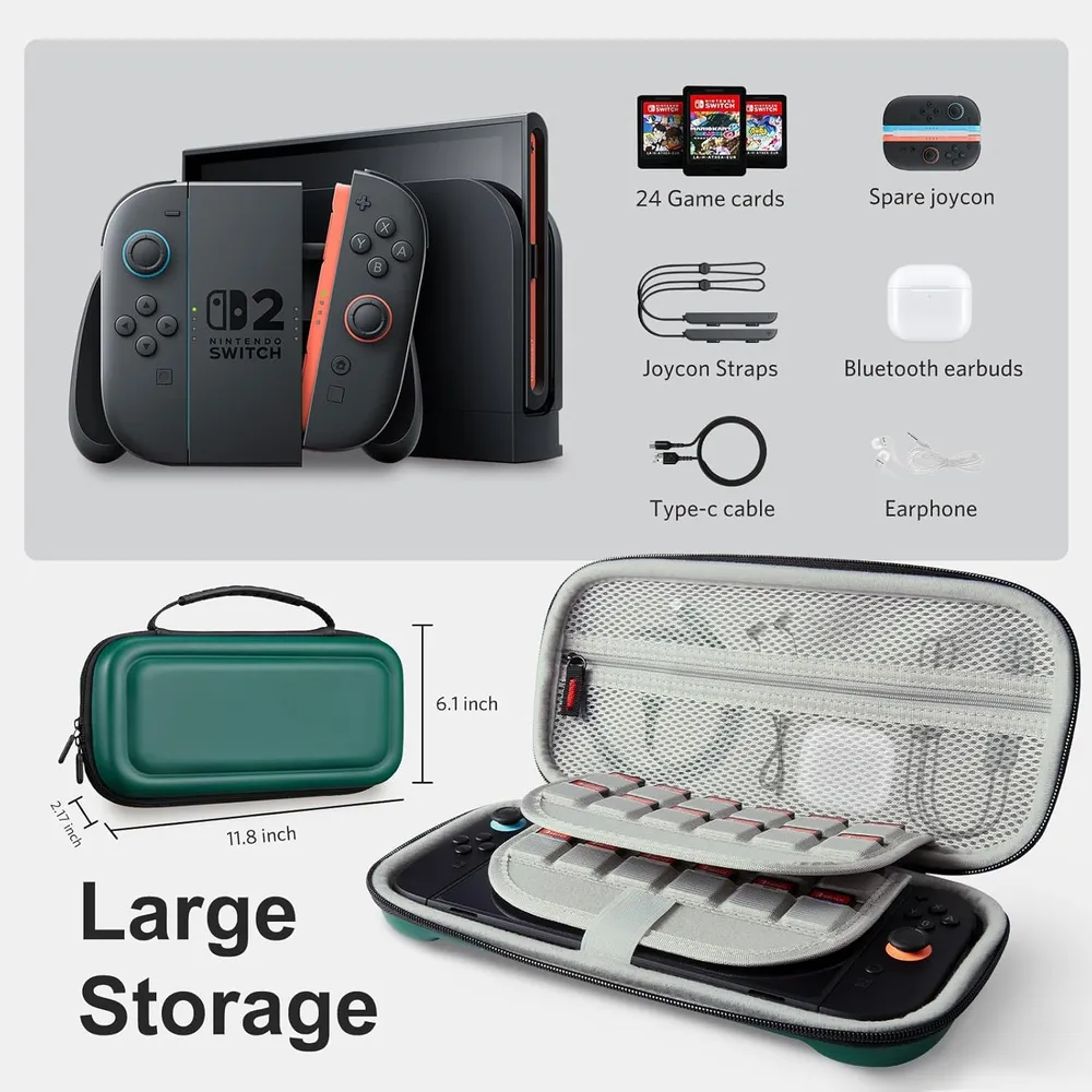 b0fjrq25jg_1_webp.webp Estuche de Viaje Gran Capacidad para Nintendo Switch 2 | Verde Oscuro