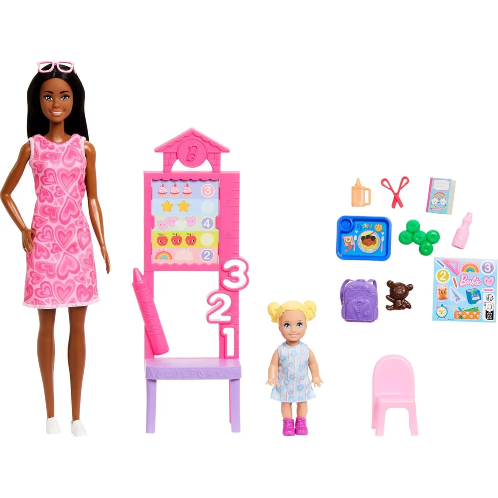 BARBIE PROFESORA MORENA CARRERAS SET MUÑECA CON NIÑA