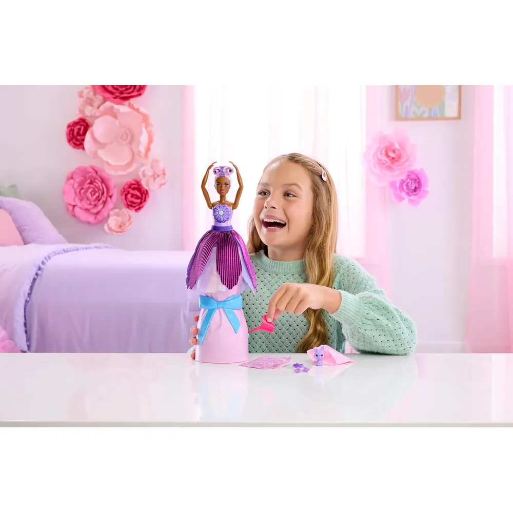 BARBIE PETAL POP MUÑECA VESTIDO MORADO CON MASCOTA