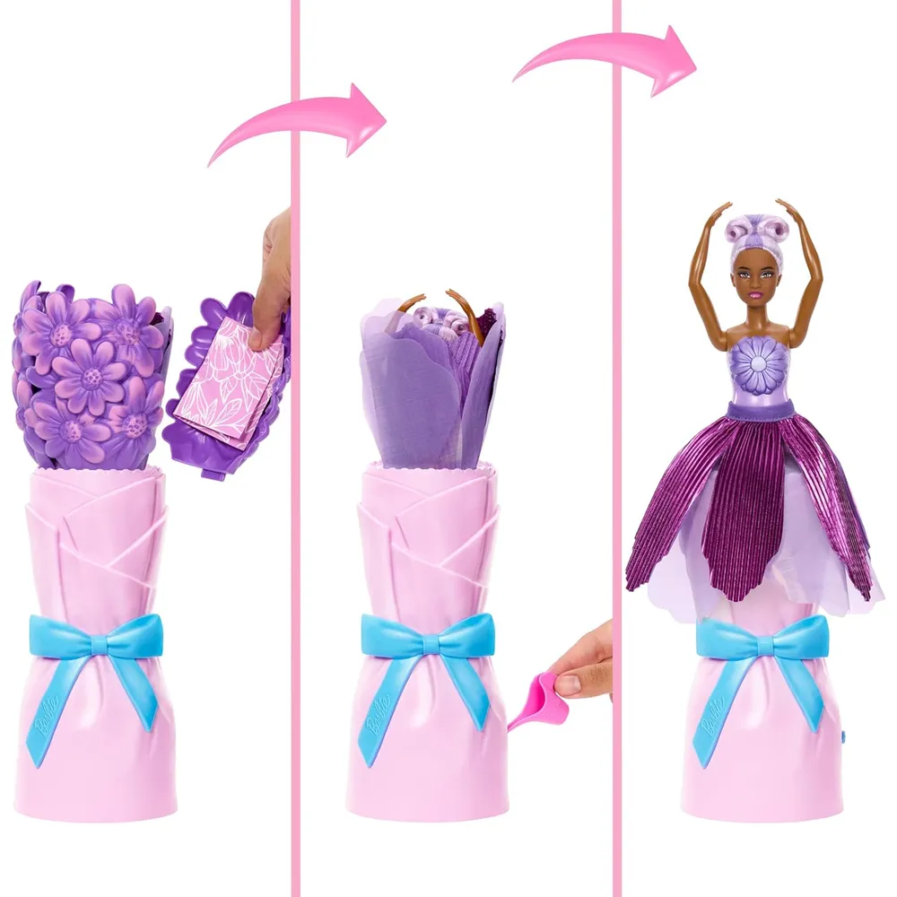 BARBIE PETAL POP MUÑECA VESTIDO MORADO CON MASCOTA