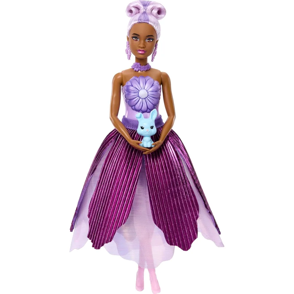 BARBIE PETAL POP MUÑECA VESTIDO MORADO CON MASCOTA