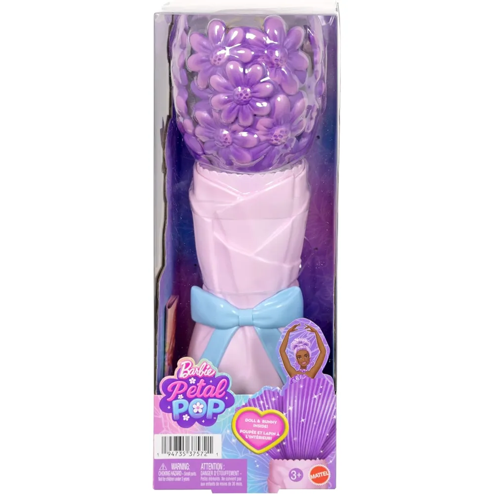 BARBIE PETAL POP MUÑECA VESTIDO MORADO CON MASCOTA