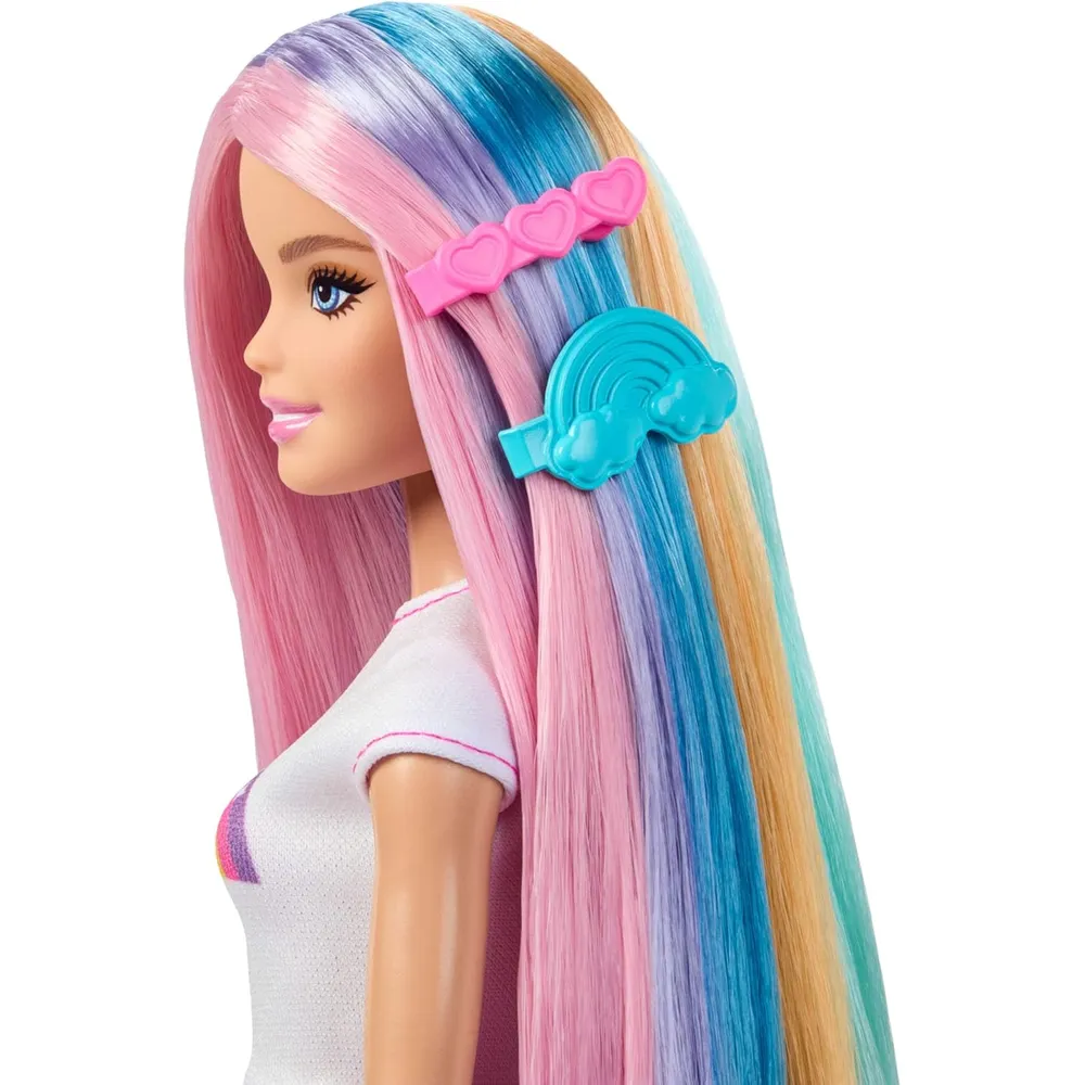 BARBIE MUÑECA BLANCA CABELLO ARCOÍRIS CON ACCESORIOS