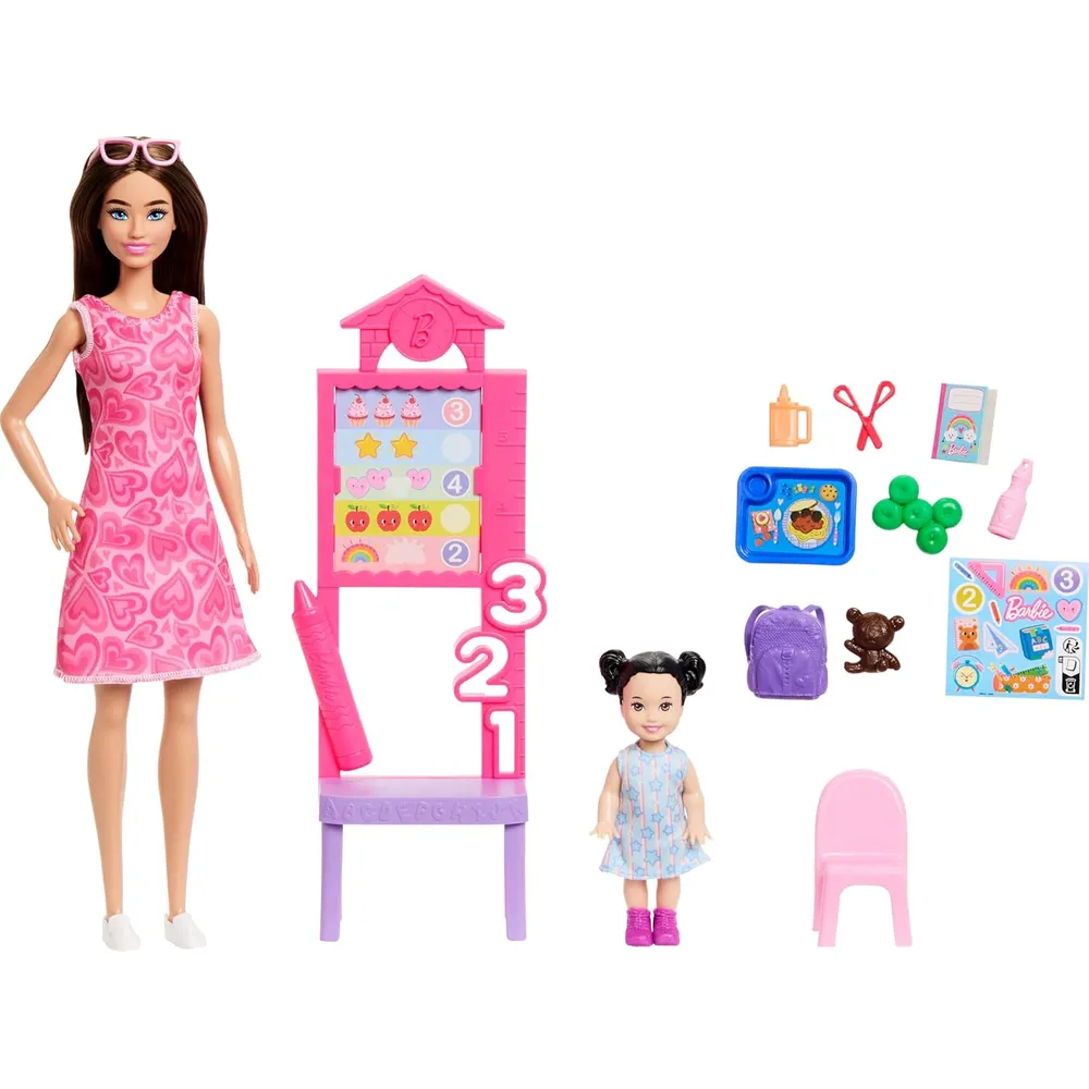 BARBIE PROFESORA CASTAÑA CARRERAS  MUÑECA CON ACCESORIOS