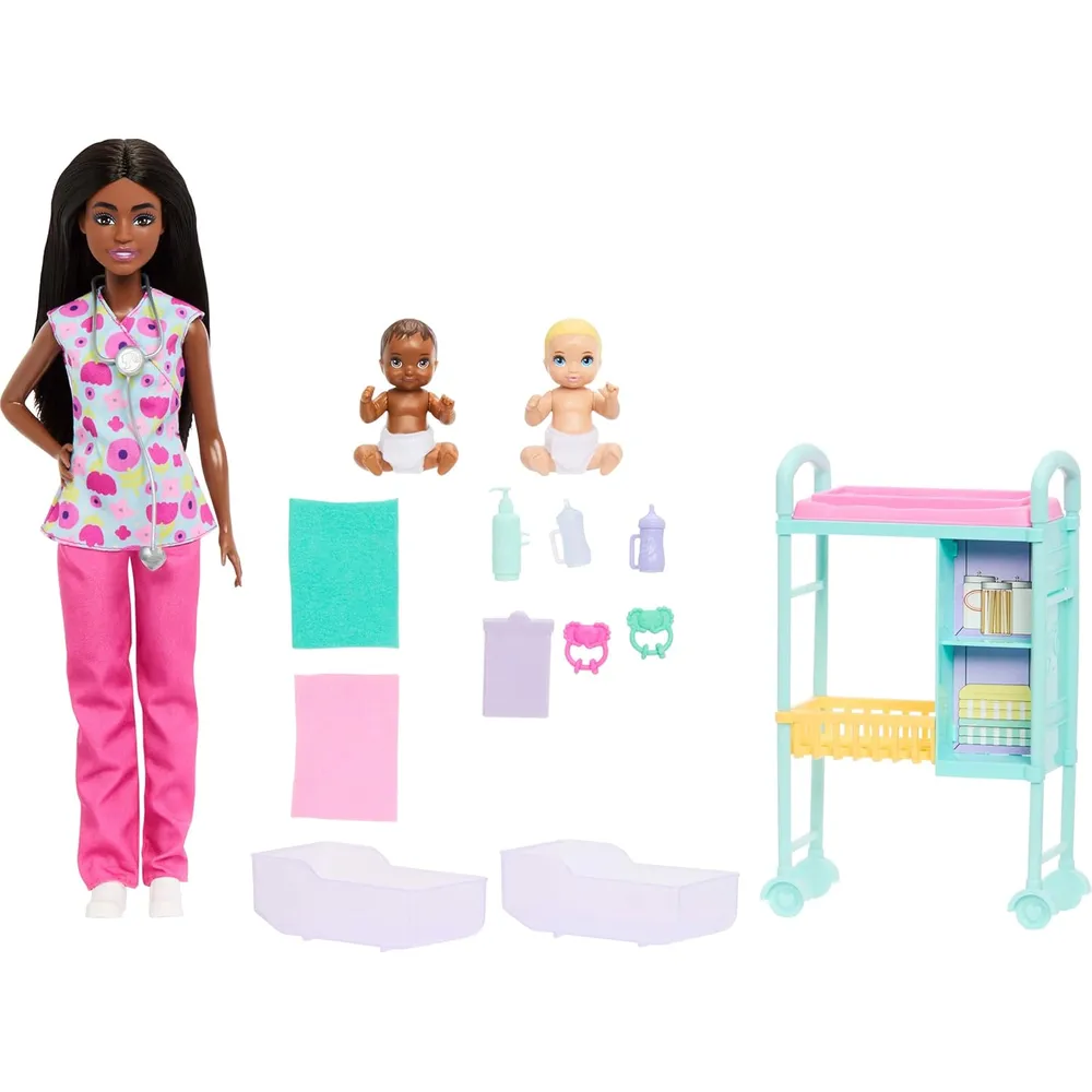 BARBIE DOCTORA SET MUÑECA MORENA CON BEBÉS Y ACCESORIOS