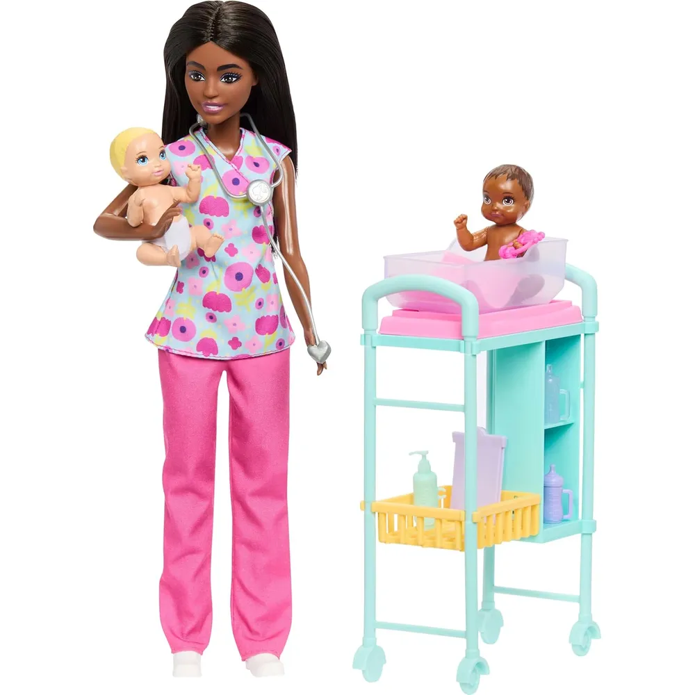 BARBIE DOCTORA SET MUÑECA MORENA CON BEBÉS Y ACCESORIOS