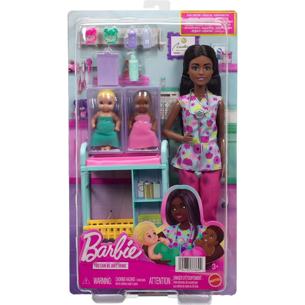 BARBIE DOCTORA SET MUÑECA MORENA CON BEBÉS Y ACCESORIOS