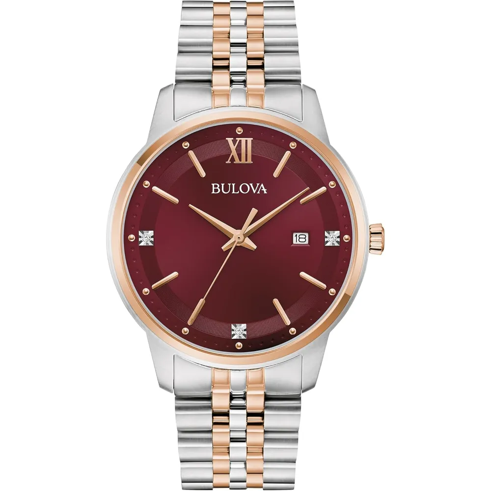 Bulova reloj clásico hombre cuarzo 3 agujas diamantes fecha brazalete acero | Plata/Oro Rosa