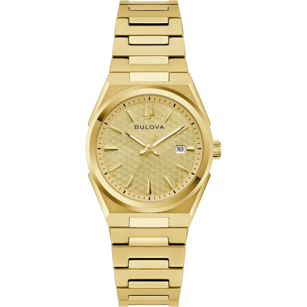 Bulova reloj clásico mujer cuarzo 3 agujas calendario fecha brazalete acero | Oro