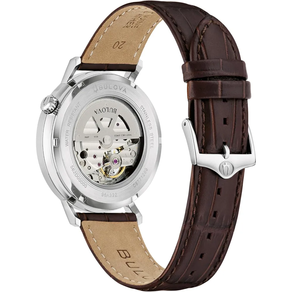 Bulova reloj clásico Aerojet hombre automático 3 agujas correa piel apertura | Marrón