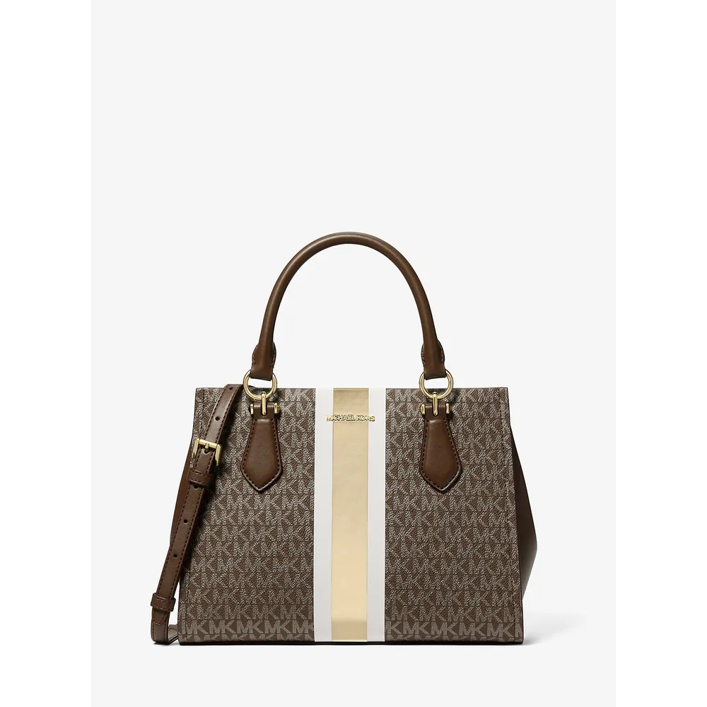 Michael Kors Bolso satchel Bolso con rayas y logo de la firma Marilyn | Marrón