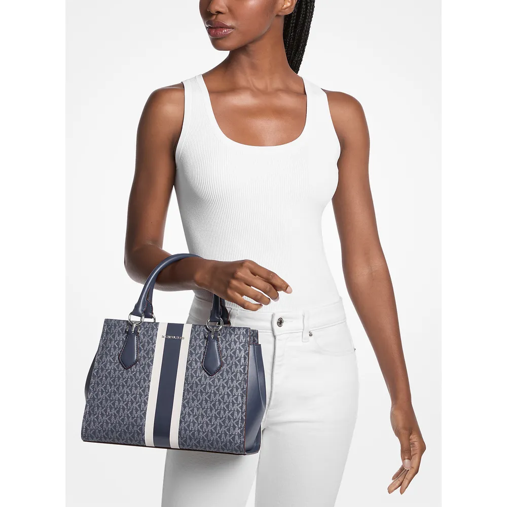 Michael Kors Bolso satchel Bolso con rayas y logo de la firma Marilyn | Navy
