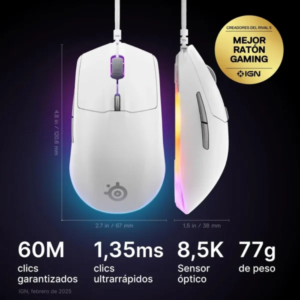 MOUSE ALÁMBRICO RIVAL 3 GEN 2 STEELSERIES | BLANCO