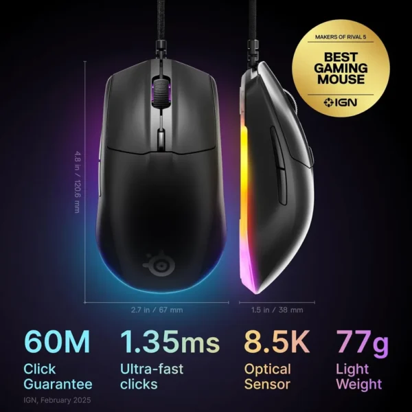 (REACONDICIONADO) MOUSE ALÁMBRICO RIVAL 3 GEN 2 STEELSERIES | NEGRO