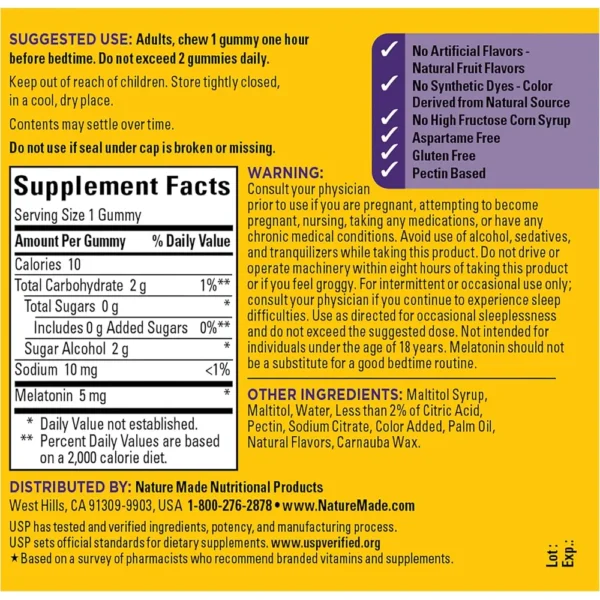 NATURE MADE MELATONINA CERO AZÚCAR 5 MG | 70 UND