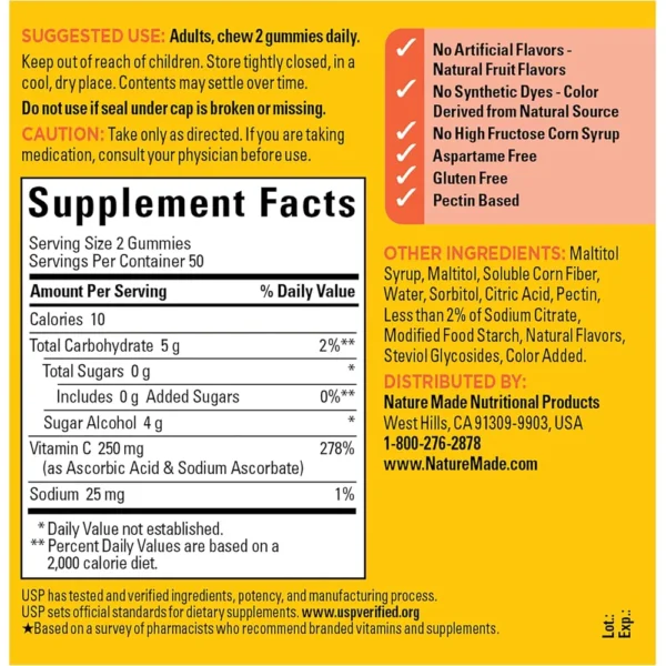 NATURE MADE VITAMINA C CERO AZÚCAR 250 MG | 100 UND
