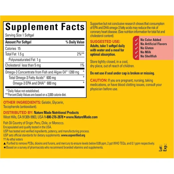 NATURE MADE OMEGA 3 ACEITE DE PESCADO + ALGAS 1200 MG | 60 UND