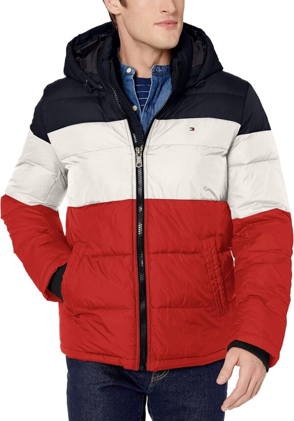 TOMMY HILFIGER CASACA DE PLUMÓN PARA HOMBRE | S | Midnight/Ice/Orange Color Block