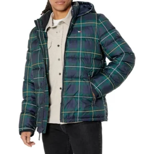 TOMMY HILFIGER CASACA ACOLCHADA CON CAPUCHA PARA HOMBRE | Small | Navy Blue Checkered