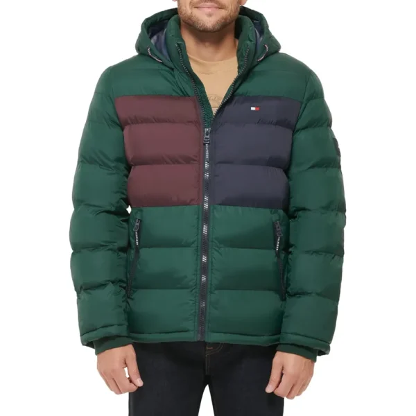 TOMMY HILFIGER CASACA ACOLCHADA CON CAPUCHA PARA HOMBRE | Small | Pine Color Block