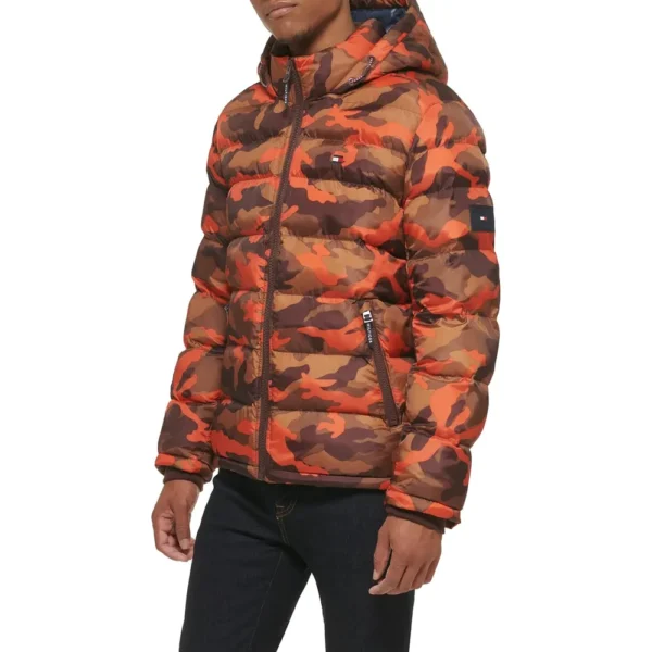 TOMMY HILFIGER CASACA ACOLCHADA CON CAPUCHA PARA HOMBRE | Large | Orange Camouflage